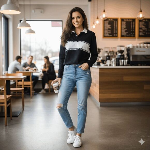 Victorias Secret Pink Nation Long Sleeved Rugby Polo Shirt Womens L Black White - Picture 6 of 6